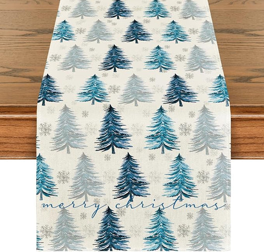 Artoid Mode Xmas Trees Snowflake Christmas Table Runner, Seasonal Winter Blue by ArtoidMode