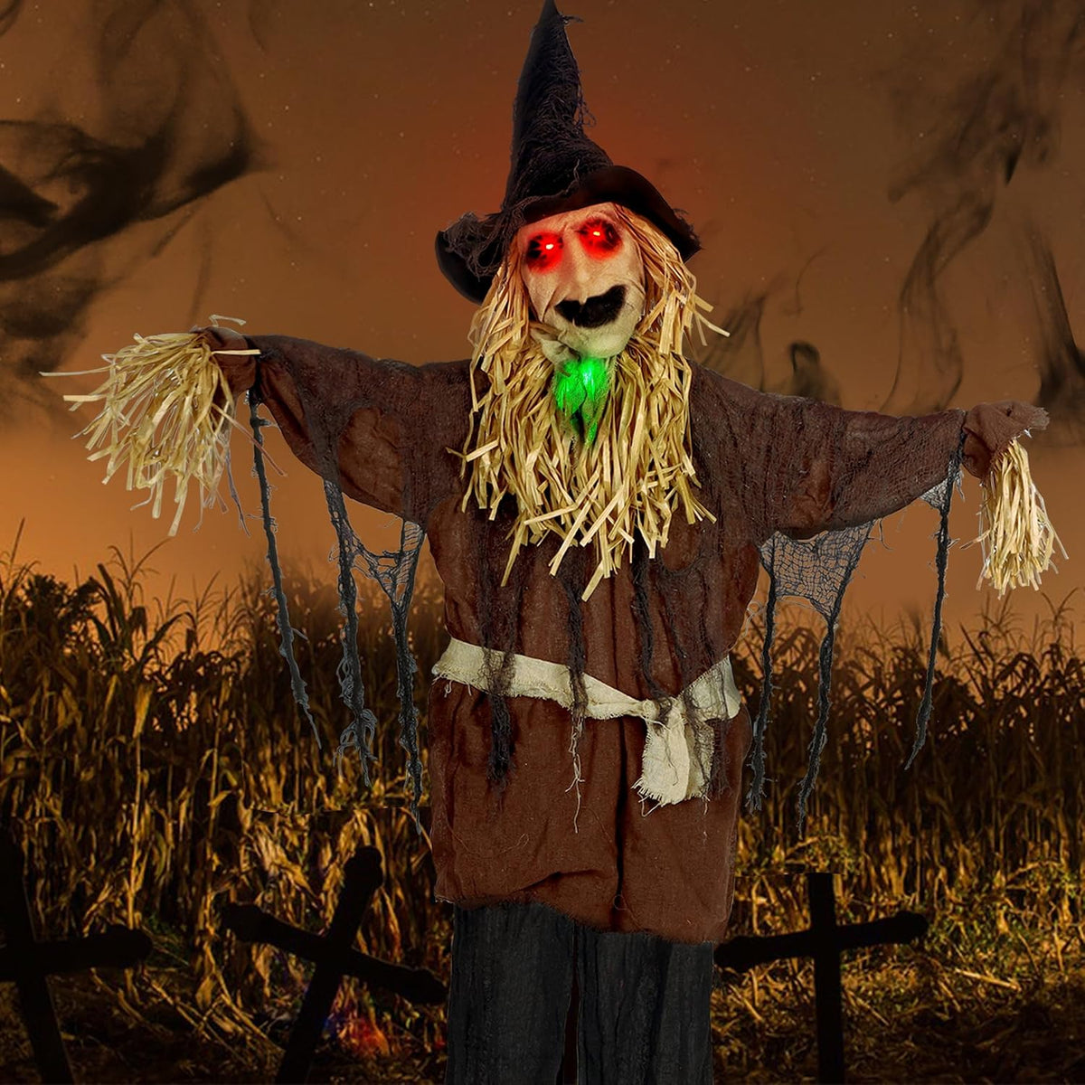 ATDAWN 6FT Halloween Standing Scarecrow, Life-Size Animated Ghost Decor with Light-up Eyes, Spooky Sound, Moving Arms & Head, Sound Activated Haunted House Props for Halloween Party Decorations