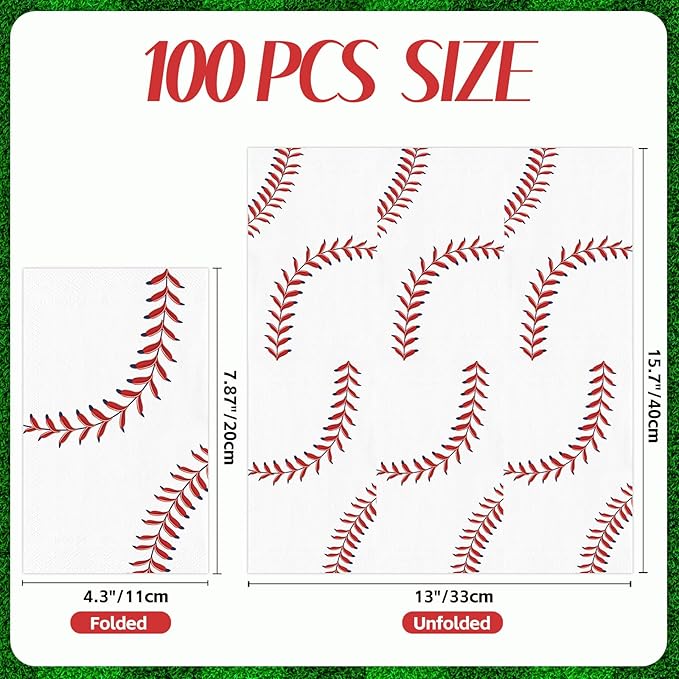 100 PCS Baseball Paper Napkins, Disposable Baseball Bathroom Guest Hand Towels - Image 2