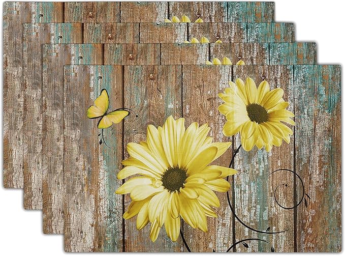 Giwawa Rustic Daisy Placemats Set of 4- Yellow Sunflowers Vintage Wood Board by Giwawa