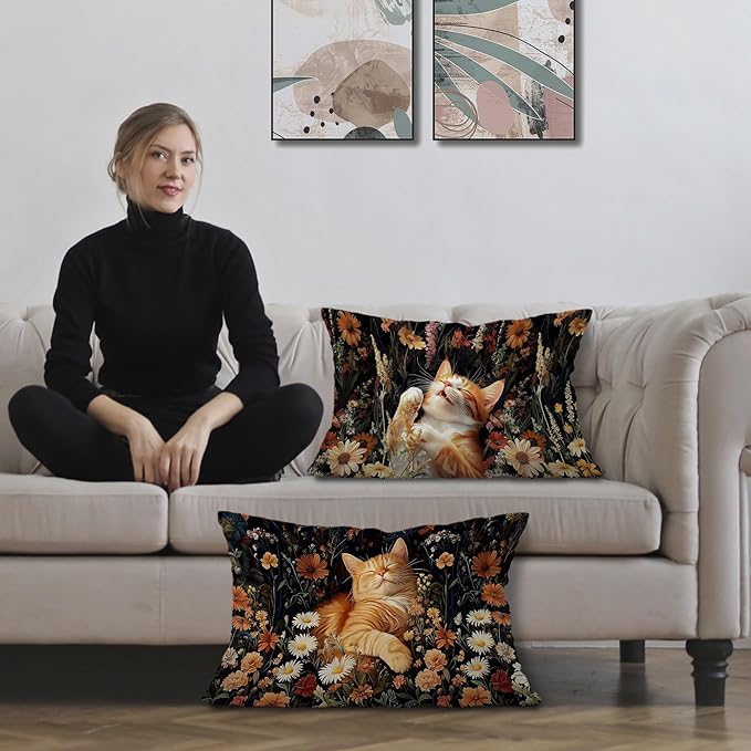 Boho Moody Floral Orange Cat Pillow Covers 12x20 Set of 2, Cat Mom Lady Lovers - Image 2