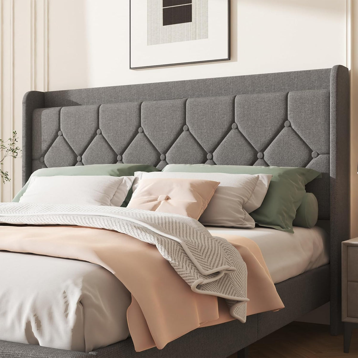 queen size bed frame, linen upholstered storage headboard&, package contents