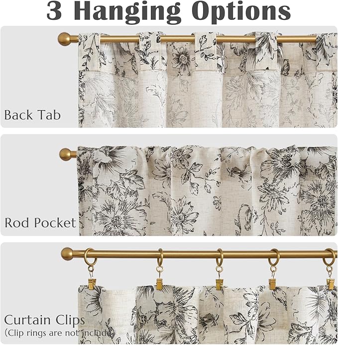 jinchan Linen Floral Tier Curtains 45 Inch Farmhouse Botanic Cafe Curtains - Image 8