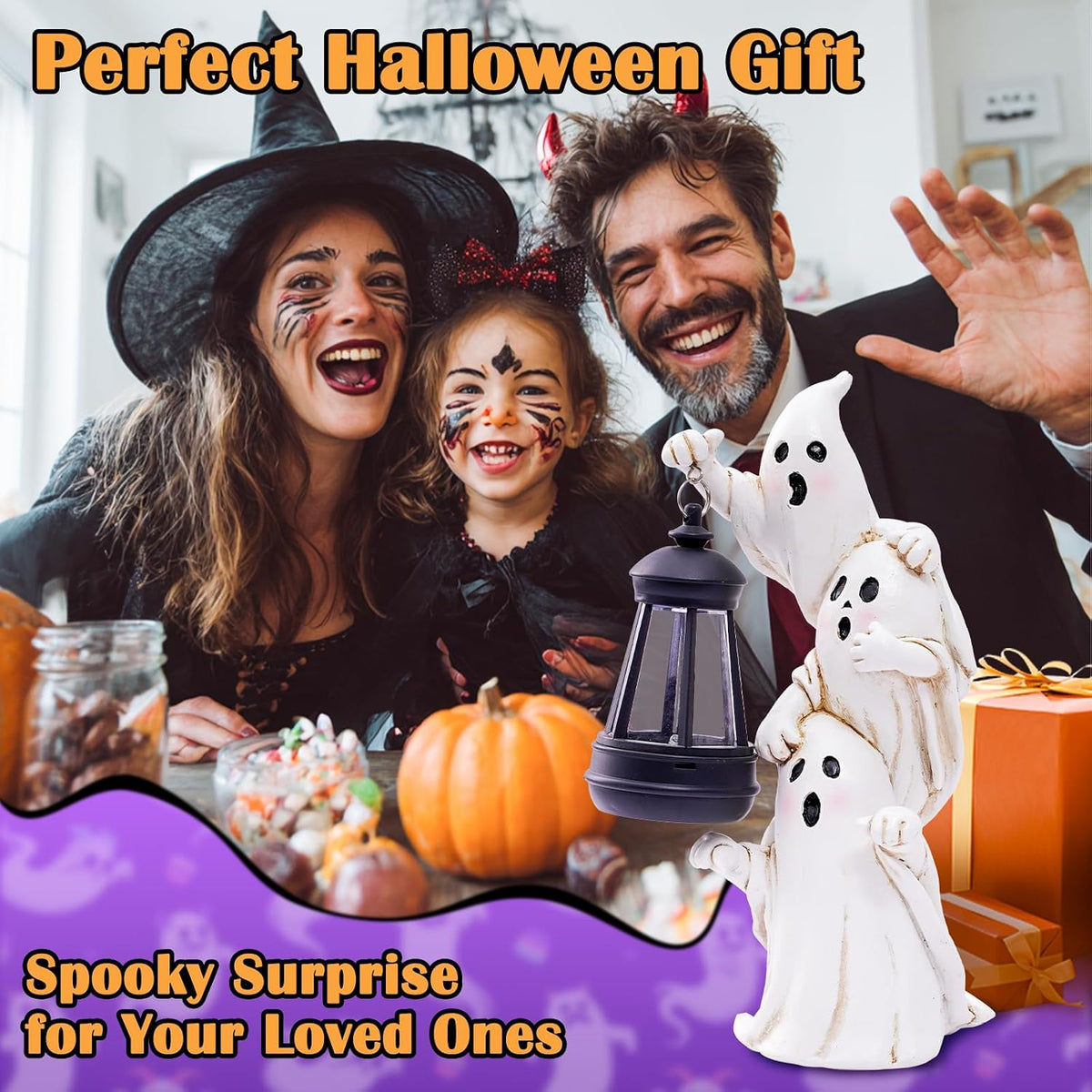 twinbling Triple Ghosts Halloween Decorations Outdoor with Solar Lantern,Cute Spooky Halloween Ghost Figurines,Ghost Decor Outside Decor for Yards Porches Gardens Lawn Party