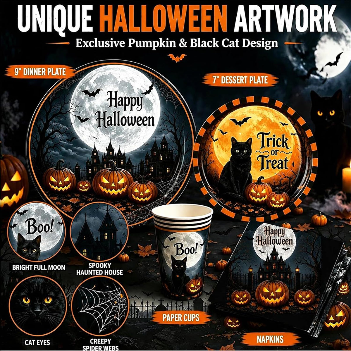 Halloween Party Supplies Plates and Napkins Set, Halloween Disposable Tableware with Dinner Plates, Dessert Plates, Cups, Napkins, Forks & Tablecloth for Halloween Party Decorations, Serves 24