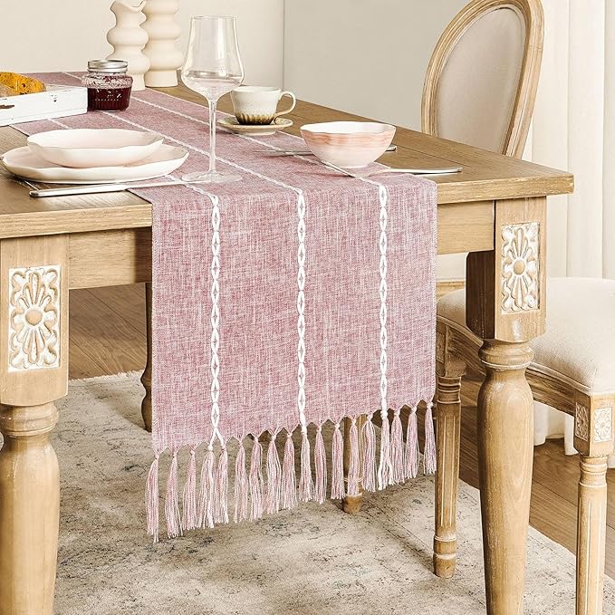 ZeeMart Farmhouse Braided Striped Table Runner, Rustic Pink Table Runners 36 - Image 2