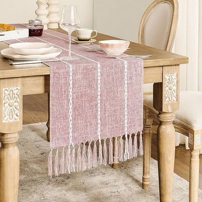 ZeeMart Farmhouse Braided Striped Table Runner, Rustic Pink Table Runners 48 - Image 2