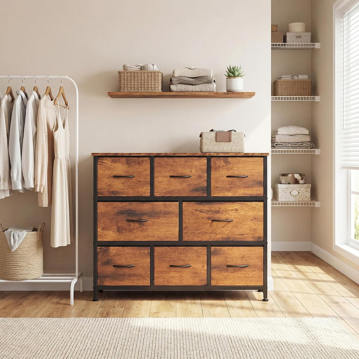 dumos wide dresser with 8 fabric drawers and, front angle view