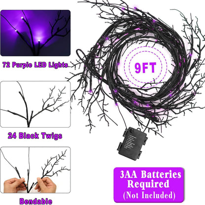 Couah [8 Modes & Timer] 9 Ft 72 LED Halloween Willow Vine Twig Garland with Purple Lights Battery Operated Indoor/Outdoor Wall Fireplace Mantle Halloween Decorations
