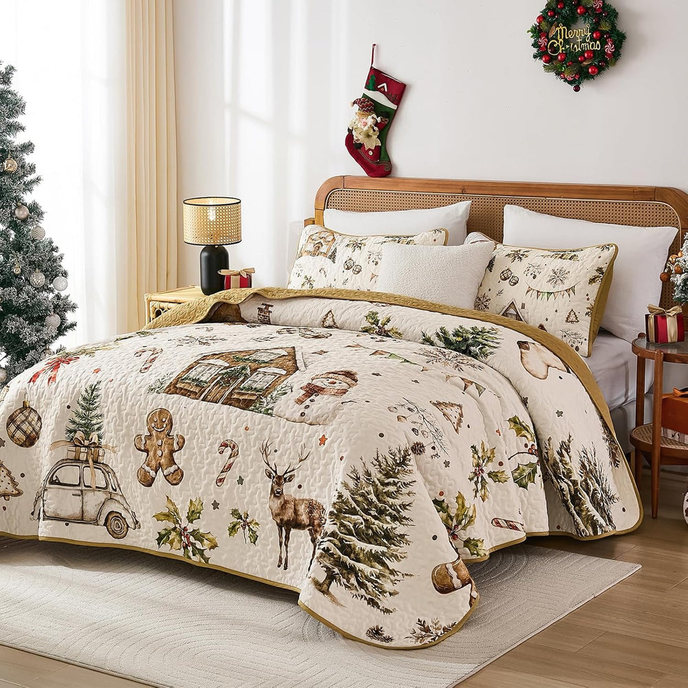 Djoymock Christmas Quilt Set Queen, Reversible Holiday Bedspread