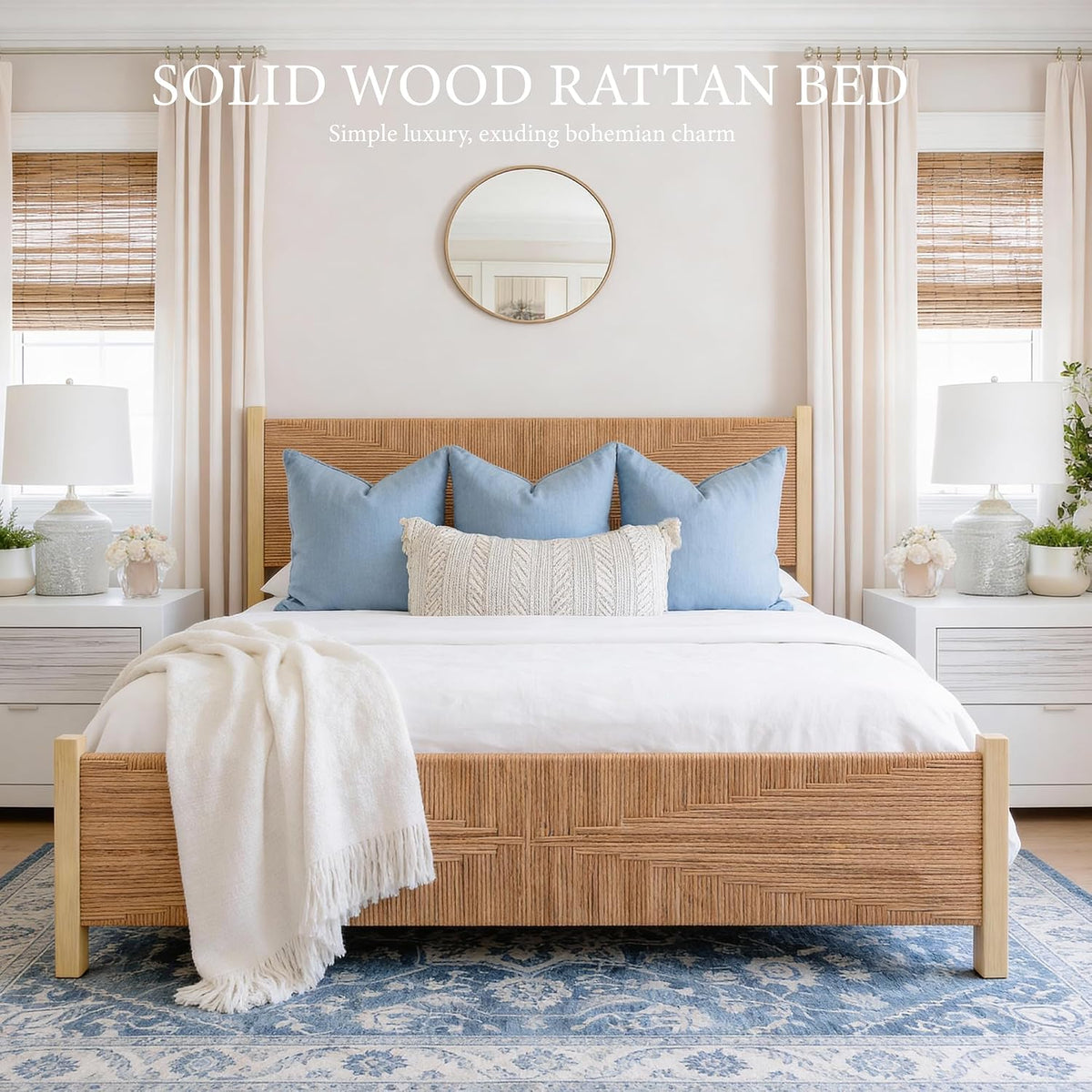 yechen solid wood rattan king bed frame with, close-up detail