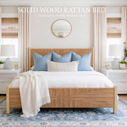 yechen solid wood rattan king bed frame with, close-up detail