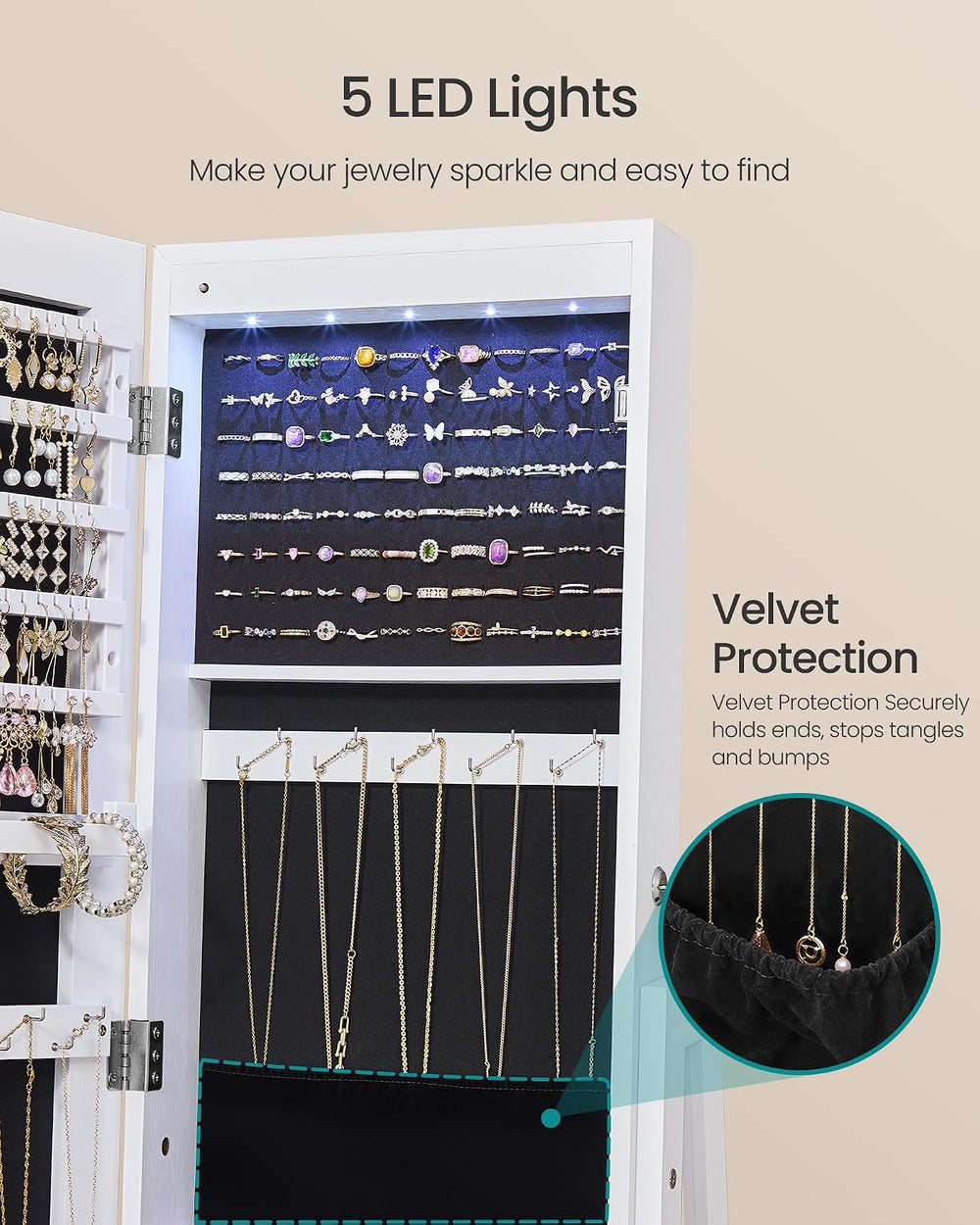 SONGMICS LED Jewelry Organizer, Full Length Mirror with Storage, Rotating