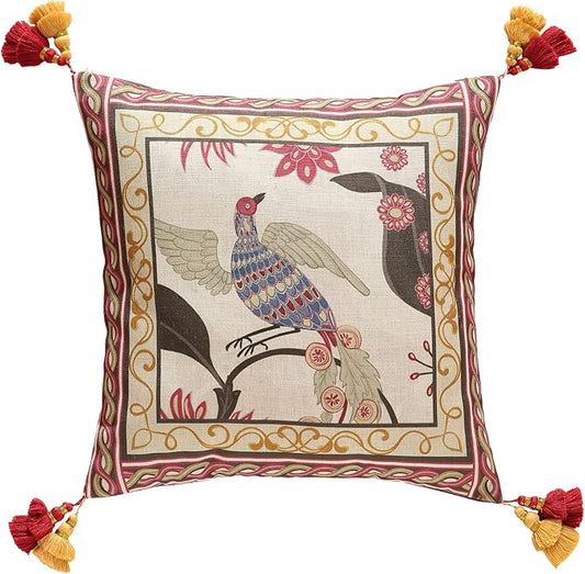 patdrea Designer Throw Pillow Cover 18"x18", Vintage Bird and Floral Pattern by Welcometopatdrea