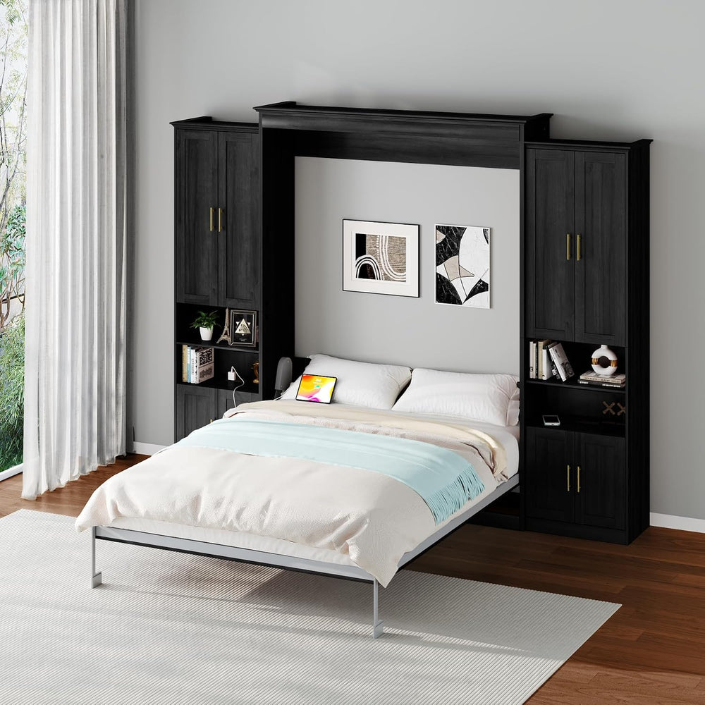 Rophefx Full Murphy Bed with 2 Side Cabinets, USB, Shelves,Black and Grey