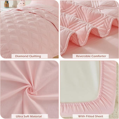4 Piece Toddler Bedding Set for Girls Pink Geometric Stitched Soft Microfiber - Image 5
