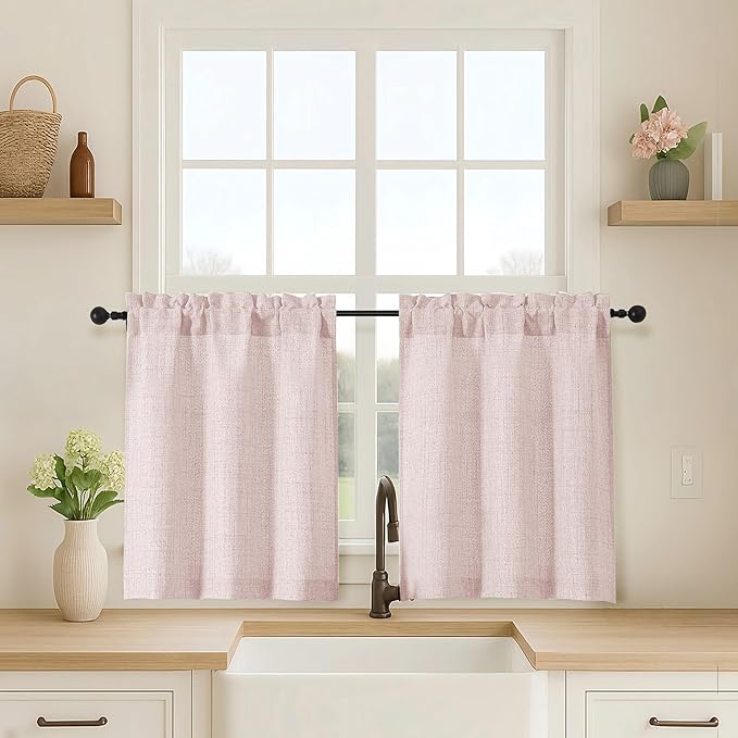 OVZME Blusg Pink Kitchen Curtains 24 Inch Length, Light Filtering Faux Linen by OVZME