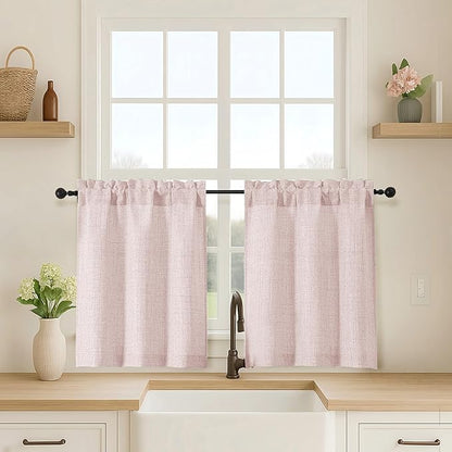 OVZME Blusg Pink Kitchen Curtains 24 Inch Length, Light Filtering Faux Linen by OVZME