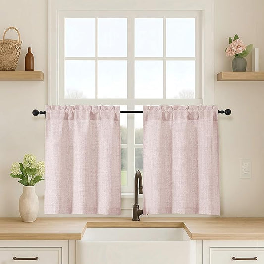 OVZME Blusg Pink Kitchen Curtains 24 Inch Length, Light Filtering Faux Linen by OVZME