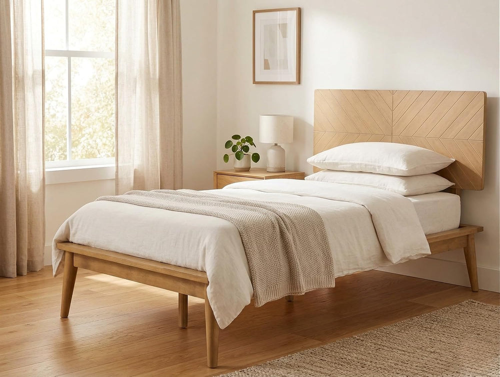 Loki Solid Wood Bed Twin XL, Chevron Headboard, Light Oak