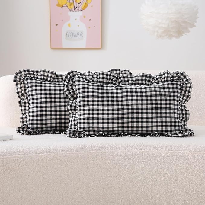 2 Pack Black White Plaid Ruffle Gingham Lumbar Pillow Shams, 100% Washed Cotton by KMASANIJI
