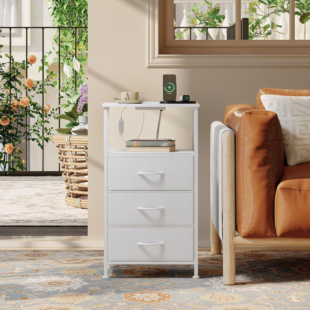 Somdot Nightstand with Charging Station, Smart LED Light, 3 Fabric Drawers