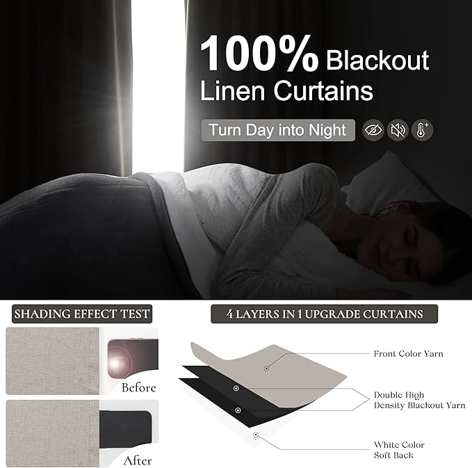 Grey Flax Curtains 86 inch Length 2 Panels Set, Hook Belt&Rod Pocket White - Image 2