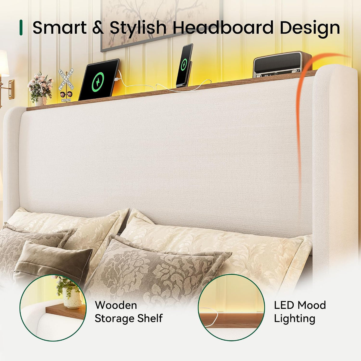 larmace california king size bed frame with led showing dimensions