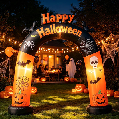 DomKom 8FT Long Halloween Inflatable Archway, Happy Halloween Blow Up Arch with Built-in LED Lights, Pumpkin, Skull, Bat Decor, Outdoor Inflatable Yard Lawn Garden Halloween Party Decorations
