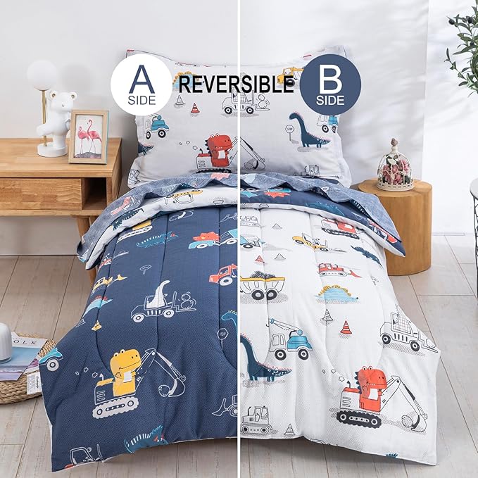 DJY 4 Pieces Cotton Toddler Bedding Set, Dinosaur Cars Reversible Toddler Bed - Image 2
