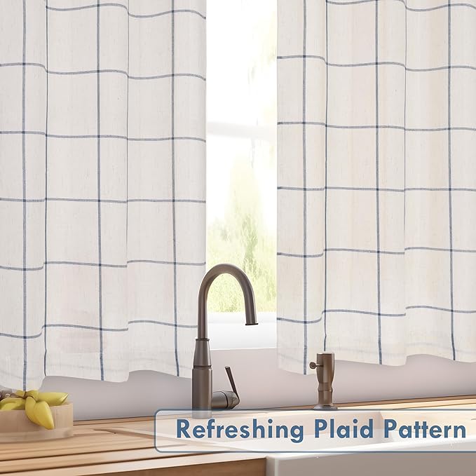 DriftAway Kitchen Curtains Striped Tier Linen Short Curtains Windowpane Plaid - Image 5