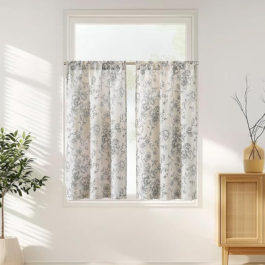 jinchan Floral Linen Tier Curtains 45 Inch Farmhouse Botanic Cafe Drapes by JINCHAN