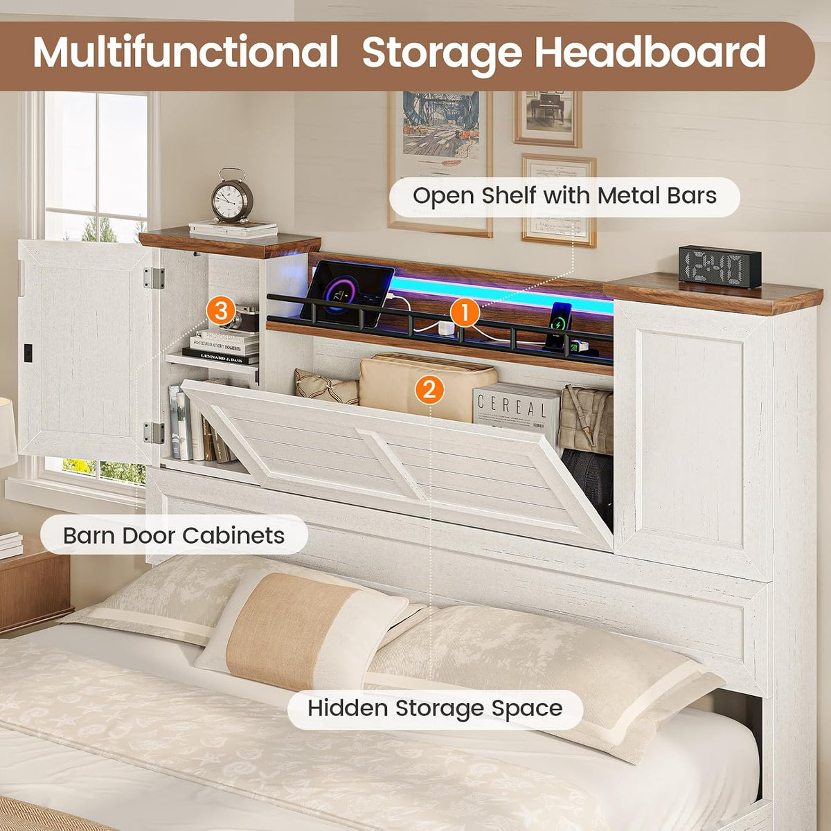 viagdo full bed frame with headboard and storage, close-up detail