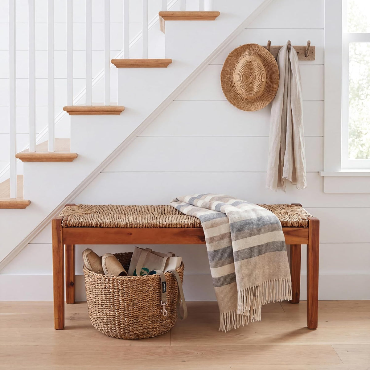 vintage entryway bench, 46 inch acacia wood with, side view