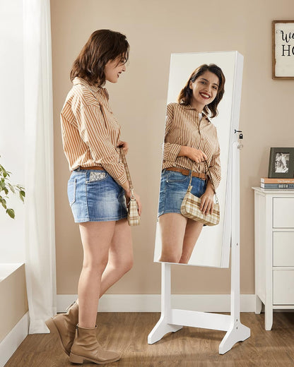 songmics led jewelry cabinet standing, lockable armoire shown in use