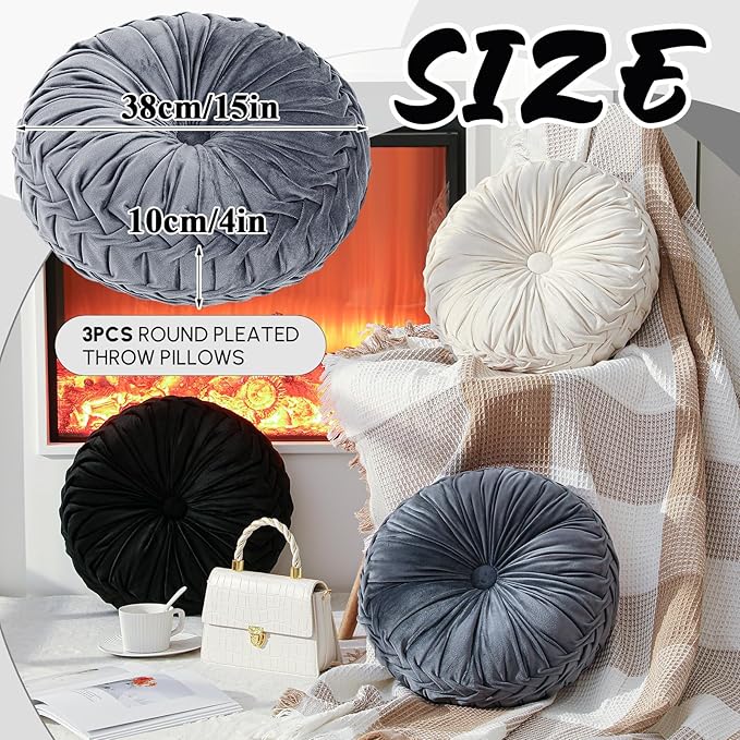 3 Pcs Round Throw Pillows Decorative Velvet Pleated Throw Pillows 15'' Diameter - Image 2