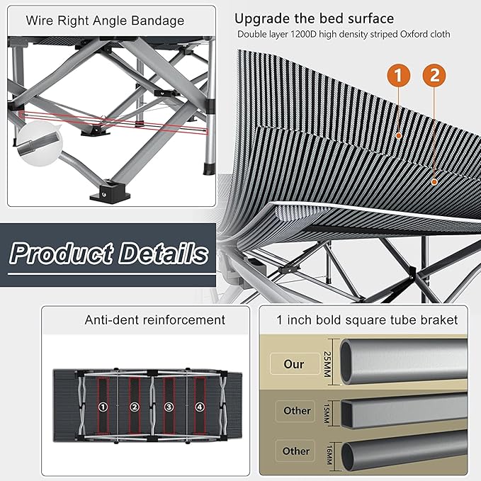 ABORON Camping Cot for Adult 28" Extra Wide, 2PK Heavy-Duty 1200D Oxford Cot - Image 7