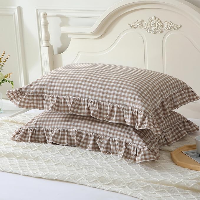 Taupe/White Plaid Ruffle Pillow Shams King Size Set of 2, Shabby Checkered - Image 3