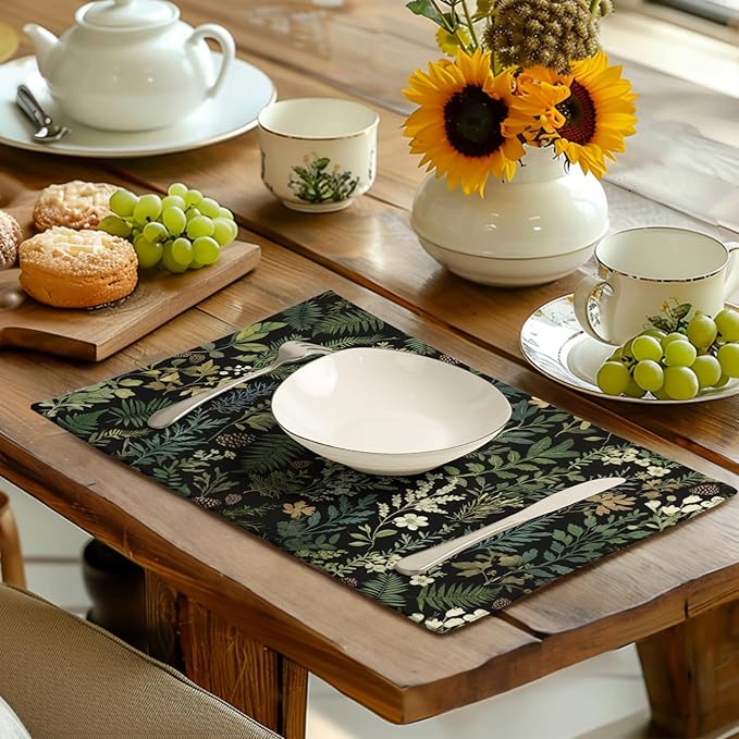 Black Sage Green Plant Placemats Set of 4 Vintage Botanic Fern Leaves Herb - Image 6