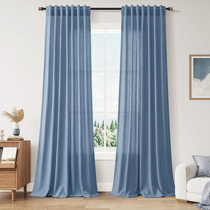 Linen Stone Blue Curtains 108 inch Living Room Back Tab Light Filtering Semi by Nanspring