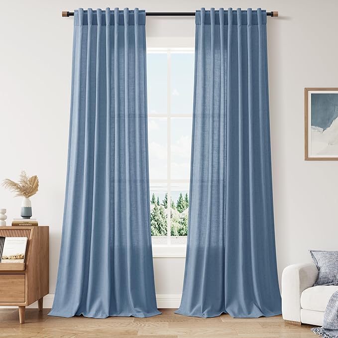 Stone Blue Linen Curtains 120 Inch Extra Long by Nanspring