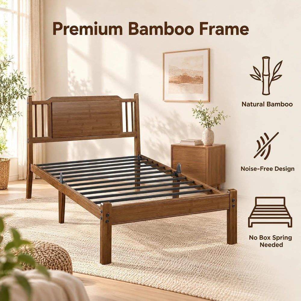 Twin XL 14" Solid Bamboo Wood Bed Frames with Headboard, Brown