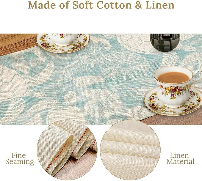 Marine Sea Turtle Table Runner, Ocean Beach Coral Starfish Seashell Table Runner - Image 4