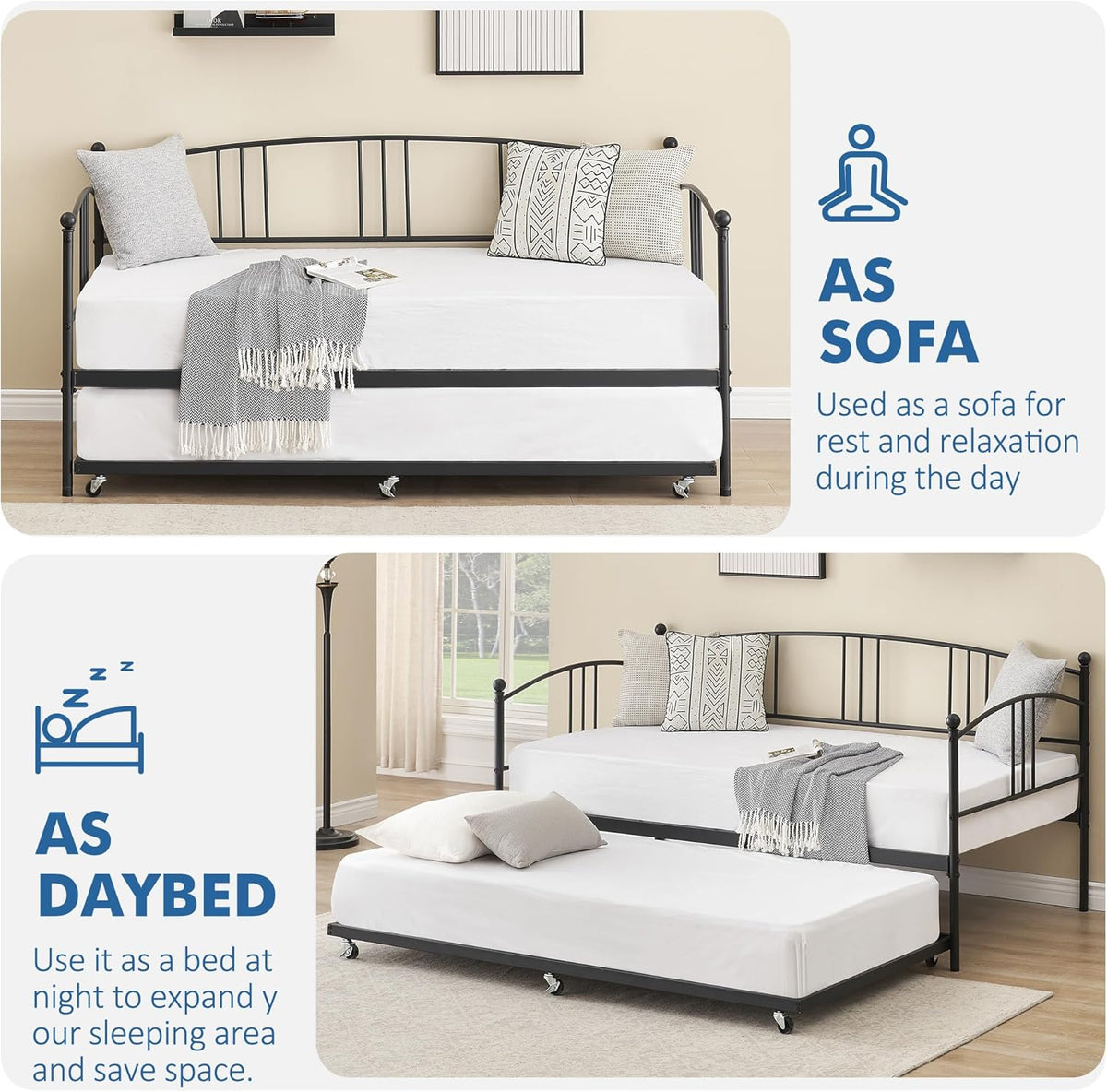 idealhouse twin daybed with trundle, metal twin size, close-up detail
