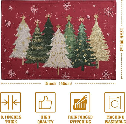 Red Christmas Tree Placemats Set of 4, 12x18 Inch Xmas Trees Snowflakes Winter - Image 4