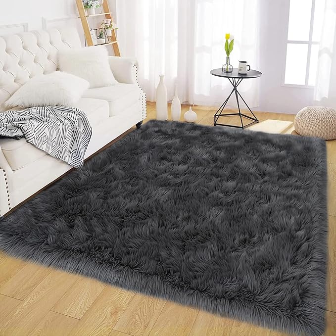Latepis Living Room Rugs 6x9 Faux Sheepskin Fur Dark Grey Rug - Image 8