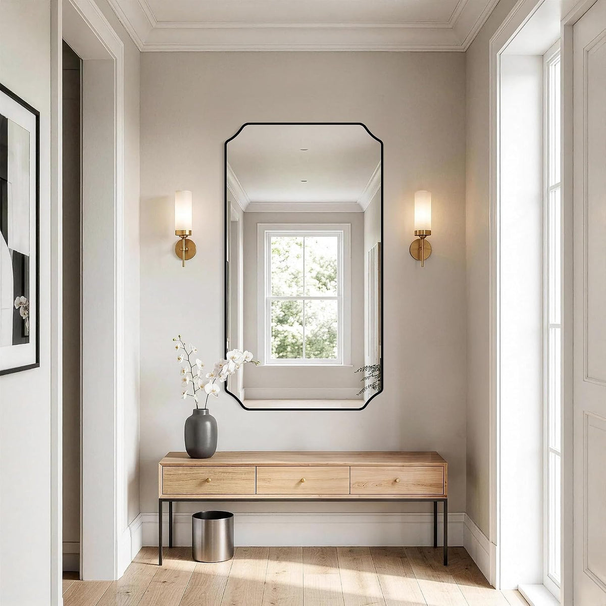 delma bathroom vanity mirror, black framed aluminum bathroom, front angle view