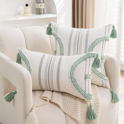 Boho Throw Pillow Covers 18x18 Set of 2 Cotton Woven Tufted Farmhouse Pillows - Image 3