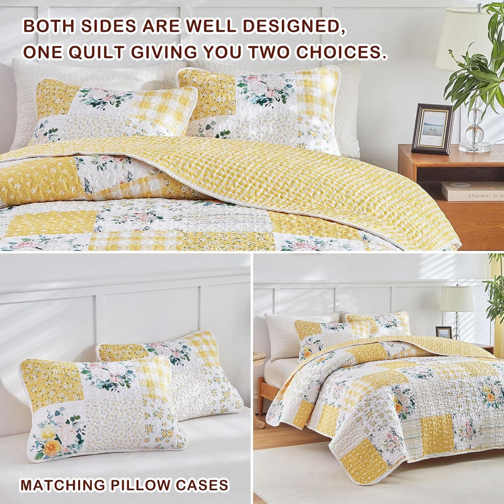 Joyreap 3 Pieces Floral Patchwork Quilt Set King, Yellow n White Flowers Desi...