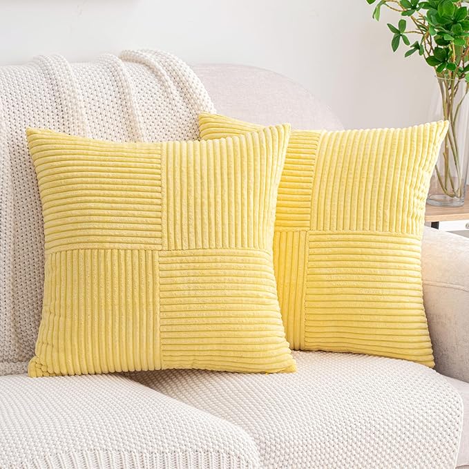 HWY 50 Pale Yellow Corduroy Patchwork Throw Pillow Covers 20x20 Inch, Soft Cozy by HWY50